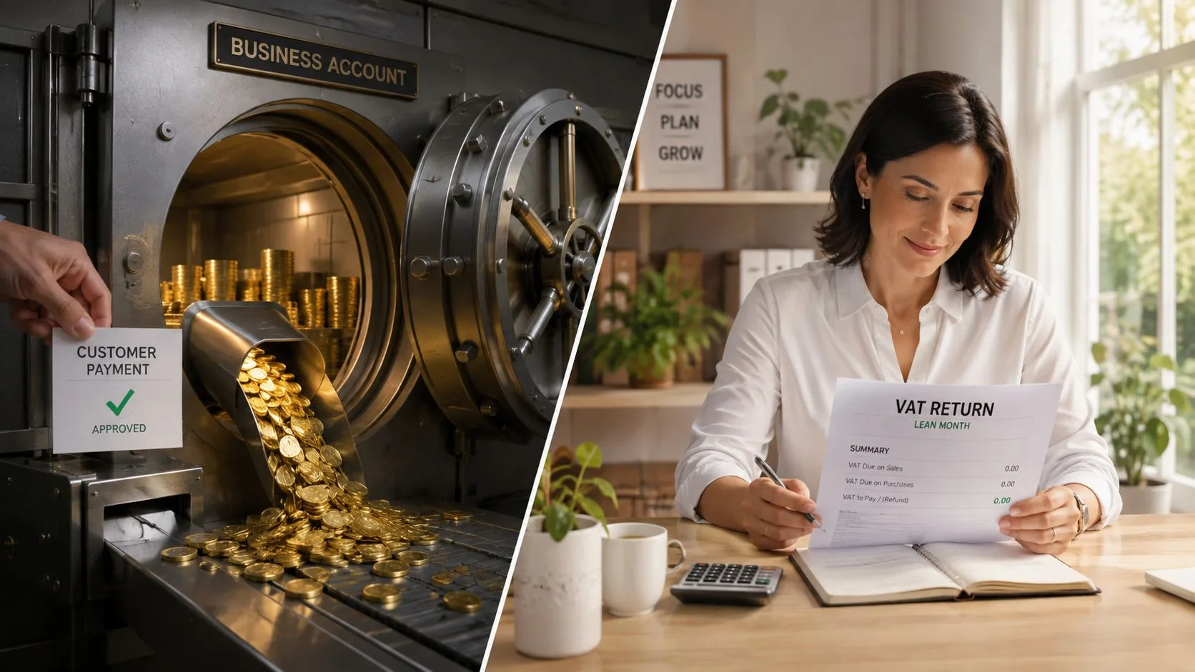 A split screen showing a gold-filled bank vault and a woman reviewing business VAT return financial documents.