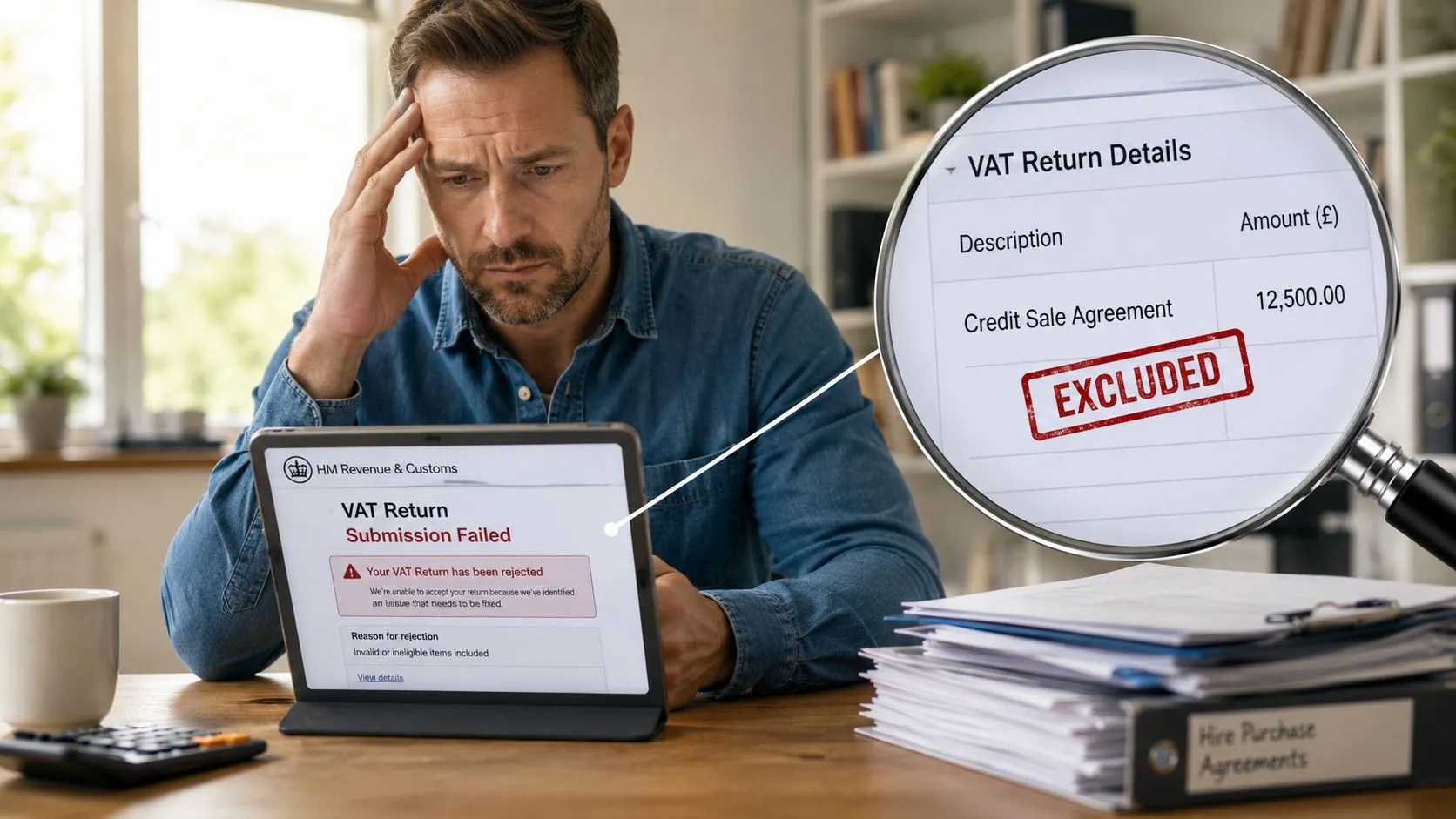 Stressed man reviewing a rejected VAT return on a tablet screen with magnifying glass showing excluded items.