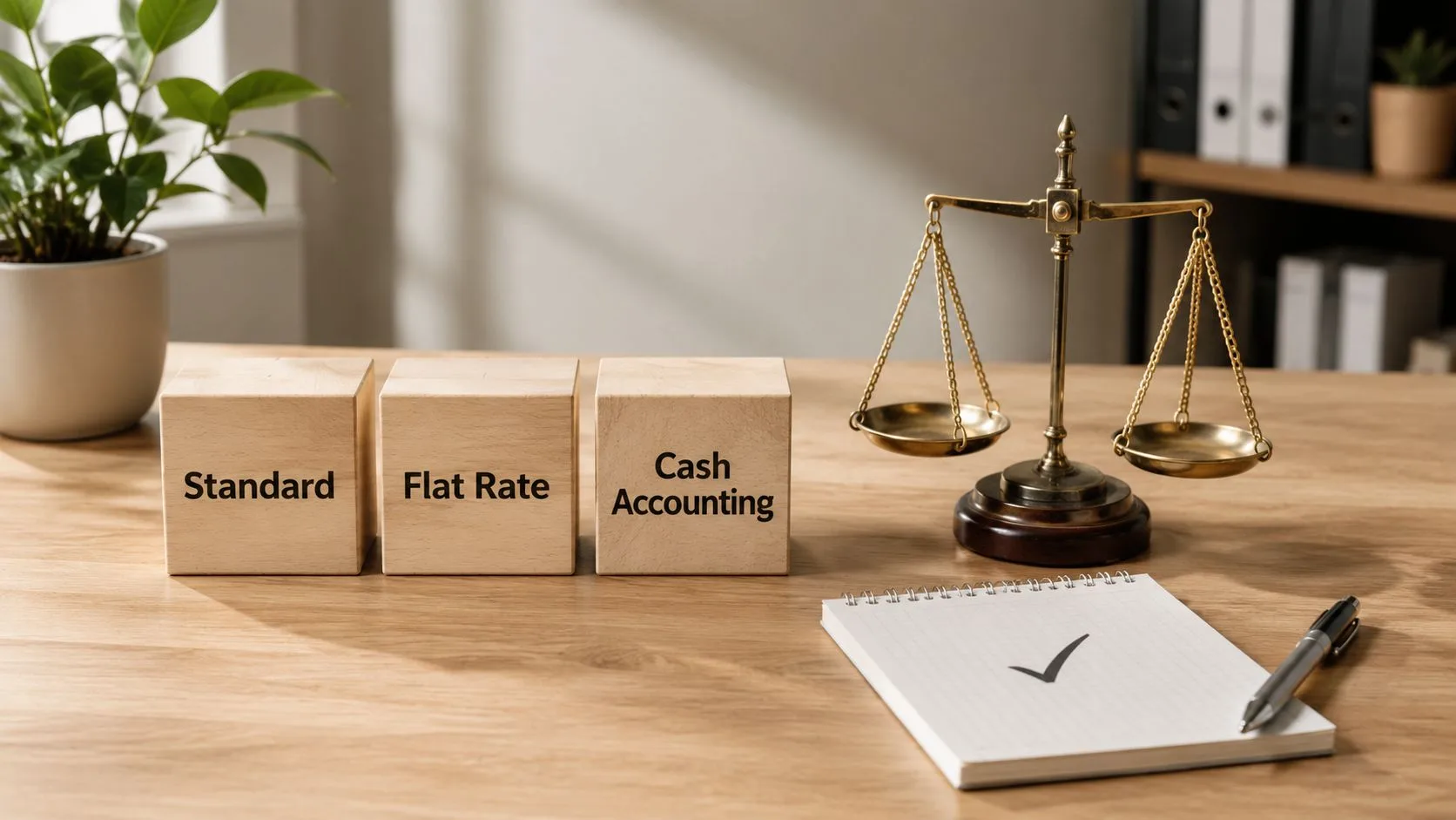 Three wooden blocks labelled Standard, Flat Rate, and Cash Accounting next to a scale and checklist.