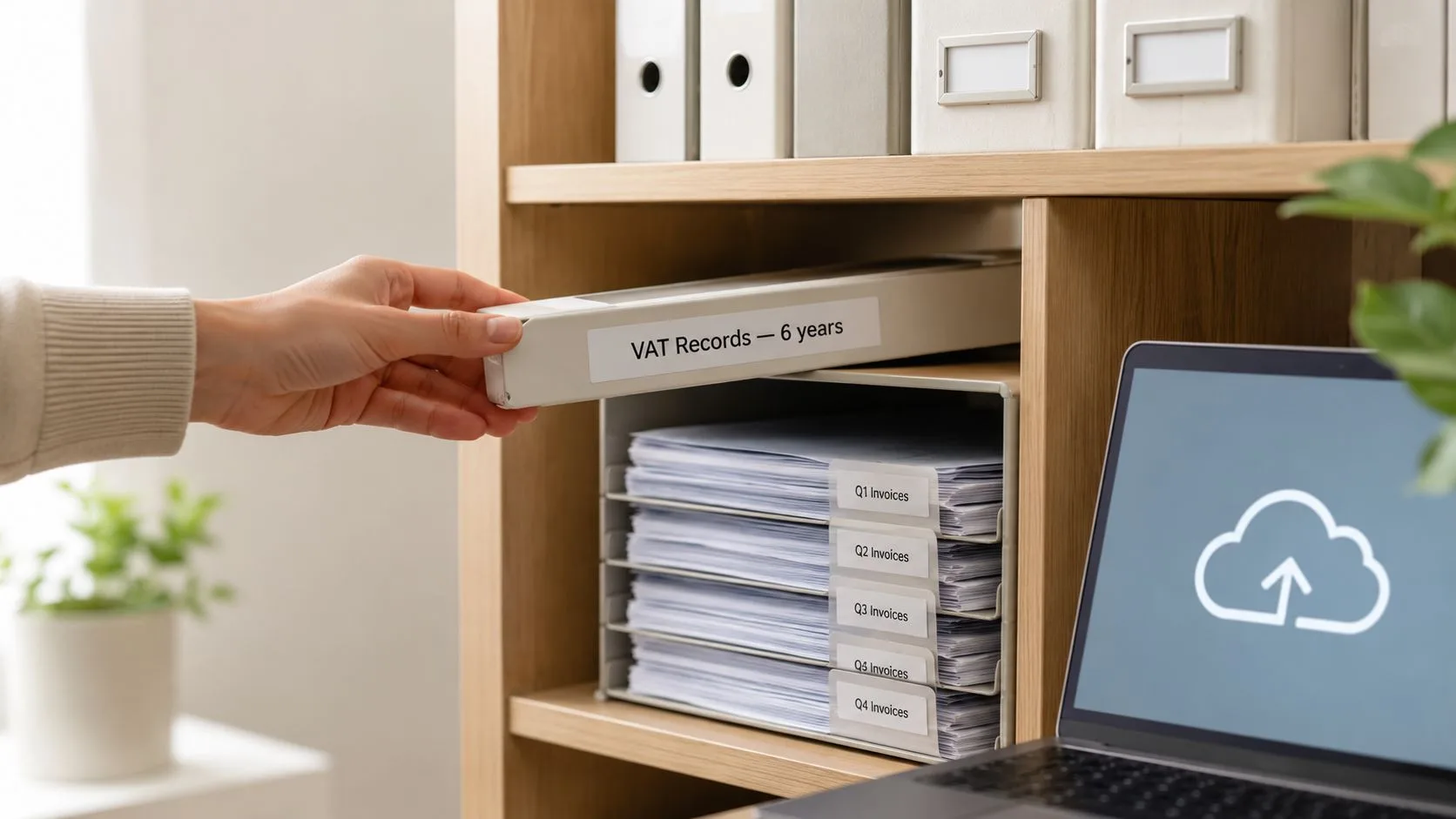 A person organising office files into a shelf for VAT compliance and business record management.