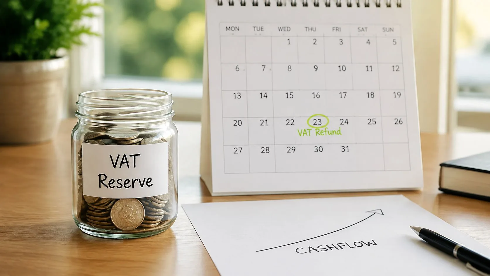 A glass jar labelled VAT Reserve next to a calendar highlighting a date for VAT Refund.