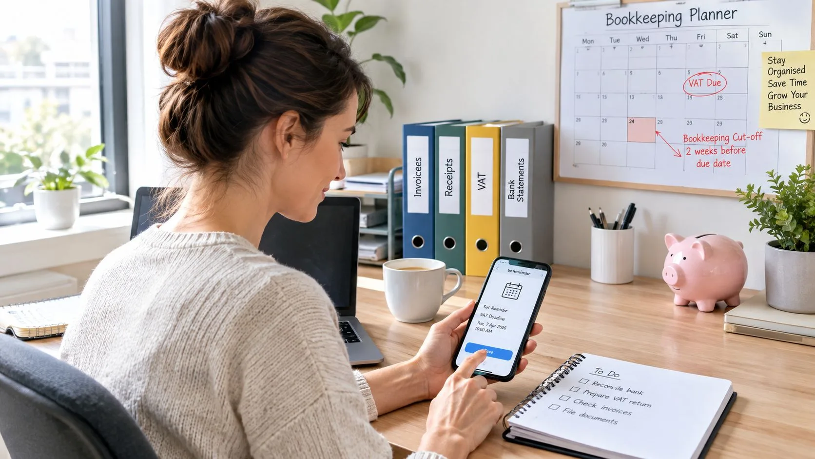 A woman working at a tidy desk organizing bookkeeping tasks with a calendar, phone, and files.