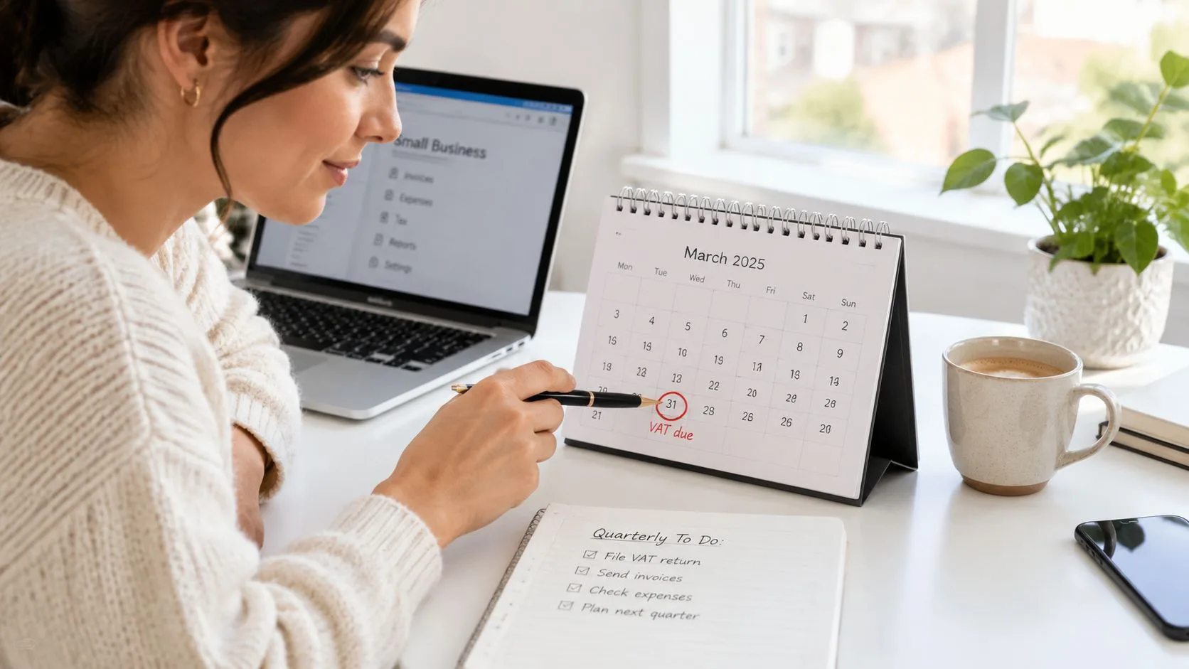 A woman working at her desk looking at a calendar marked for VAT due date in March.