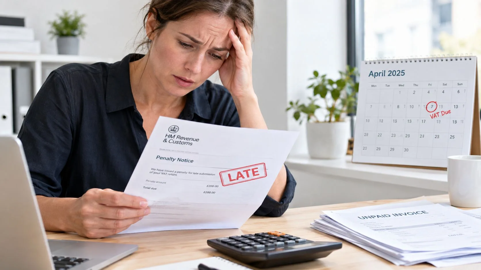 Stressed woman sitting at a desk looking at a penalty notice document with a calendar showing VAT due date.