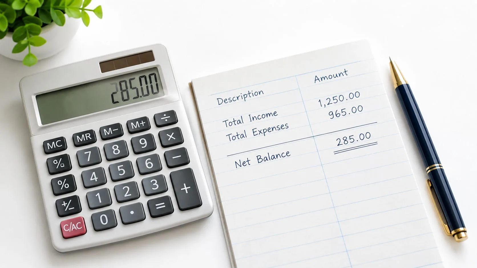 A calculator displaying 285.00 next to a notepad showing income, expenses, and a net balance calculation.