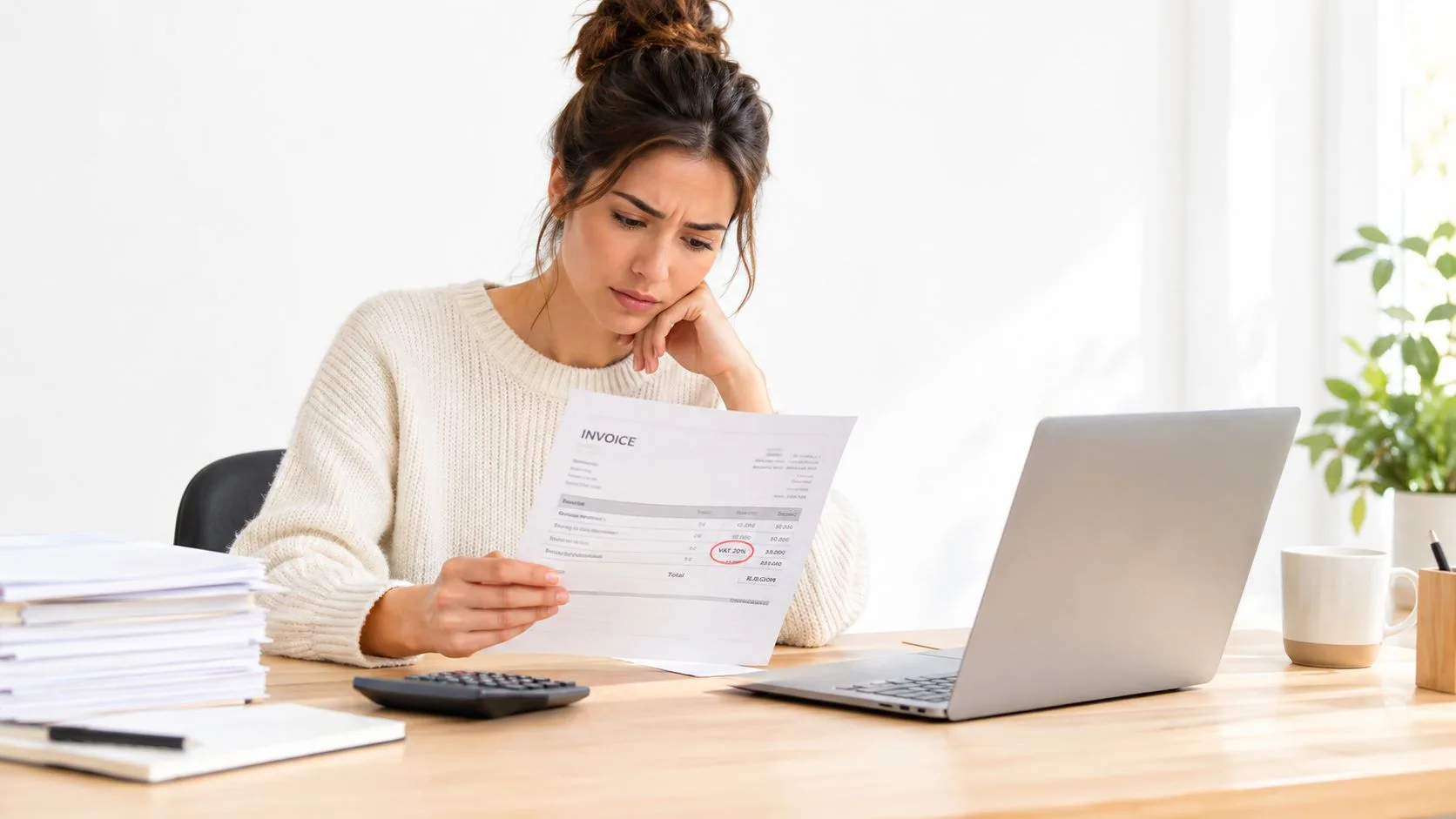 A concerned woman sitting at a desk reviewing a business invoice with a highlighted VAT error.