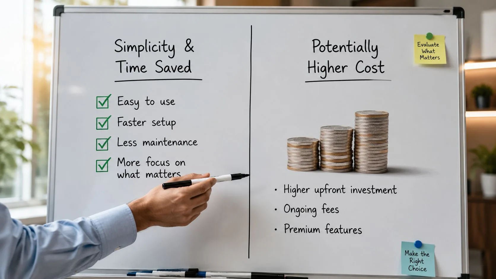 A whiteboard illustration comparing the benefits of simplicity and time savings versus the potential for higher costs.