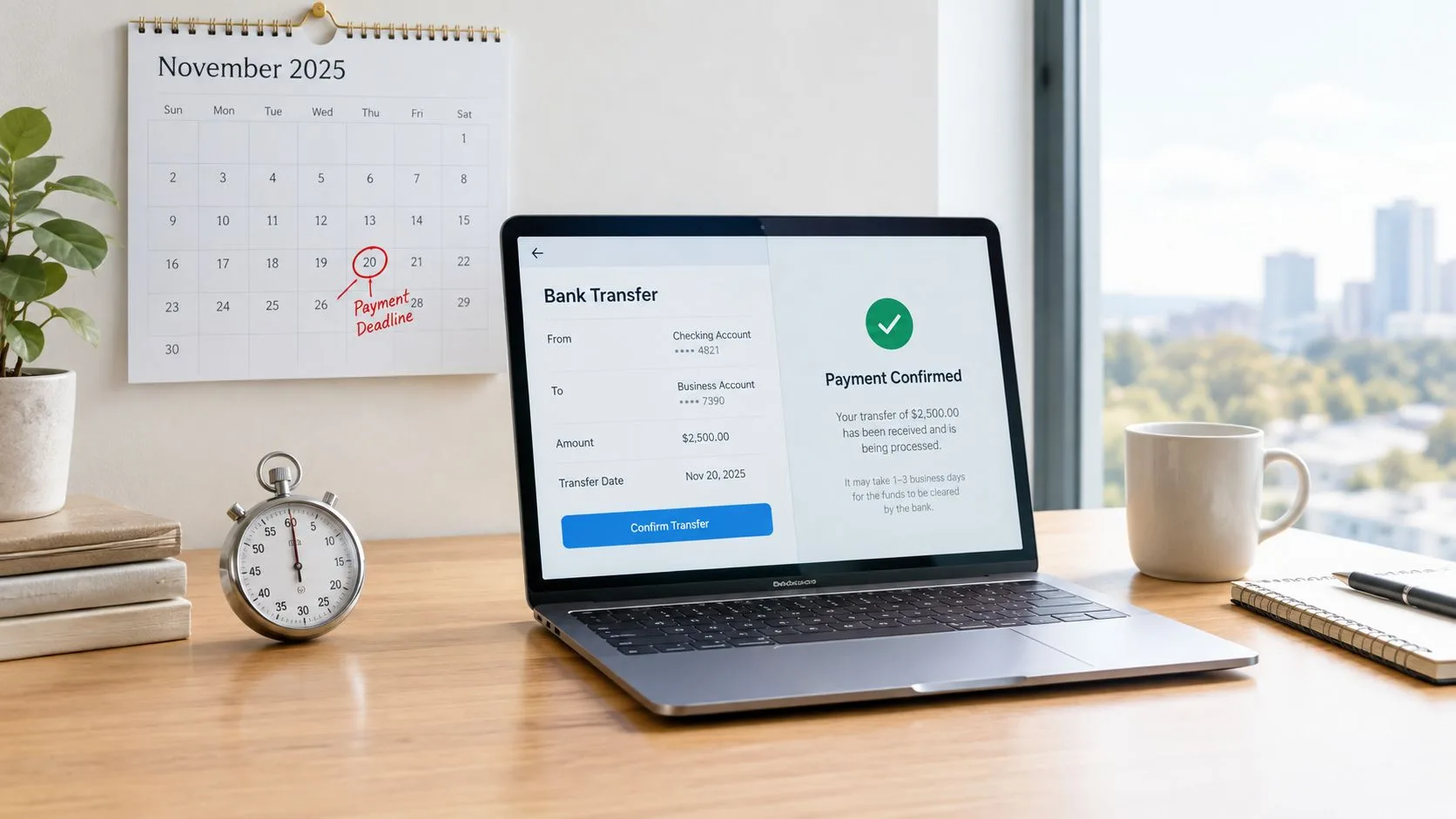 A laptop on a desk showing a bank transfer confirmation next to a wall calendar and stopwatch.