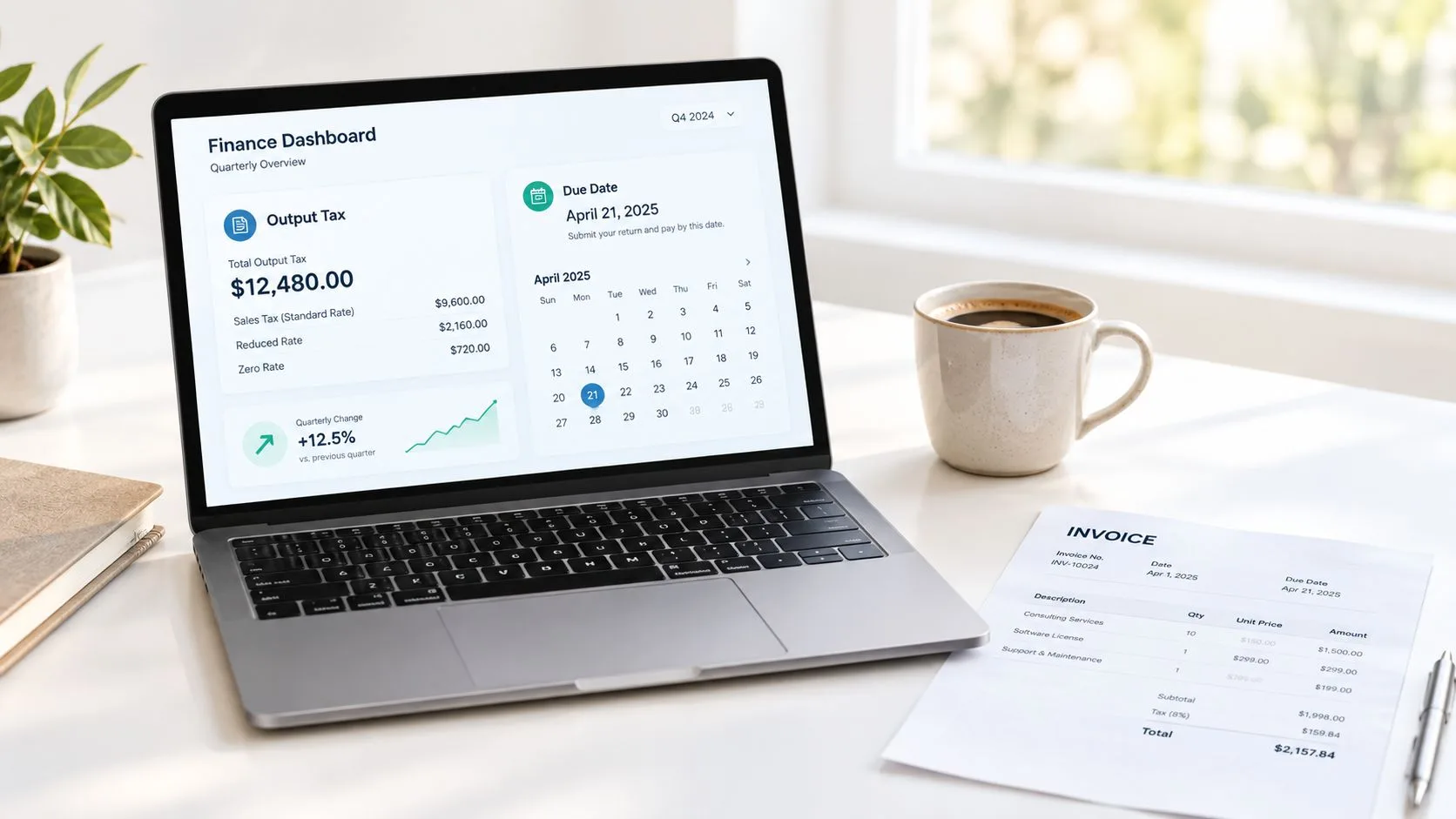 A modern laptop displaying a financial dashboard next to a coffee mug and an invoice on a desk.