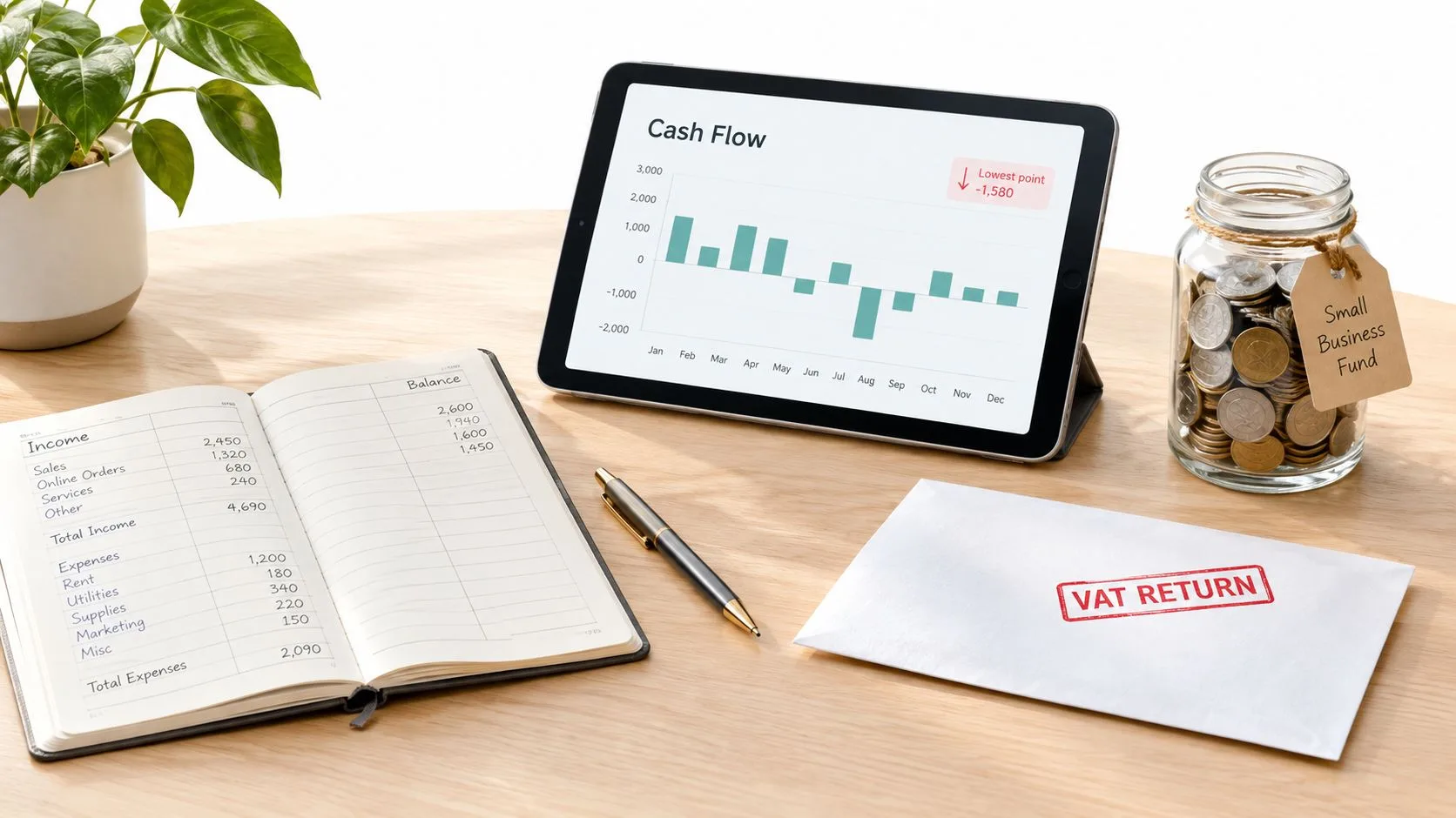 A wooden desk with a tablet showing cash flow, an open financial ledger, and VAT return envelope.