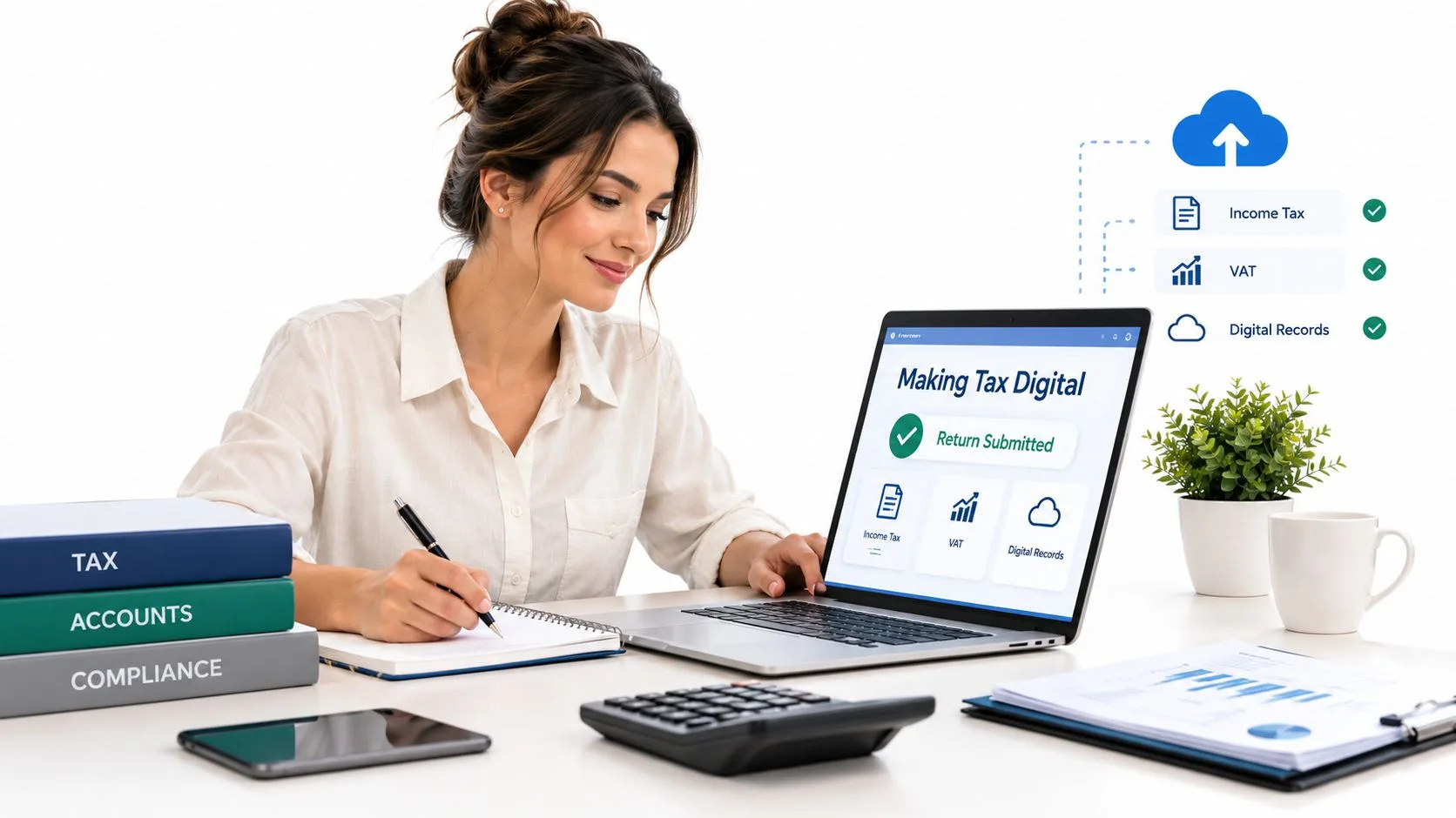 A professional woman working on a laptop with tax-related software, books, and a calculator on her desk.