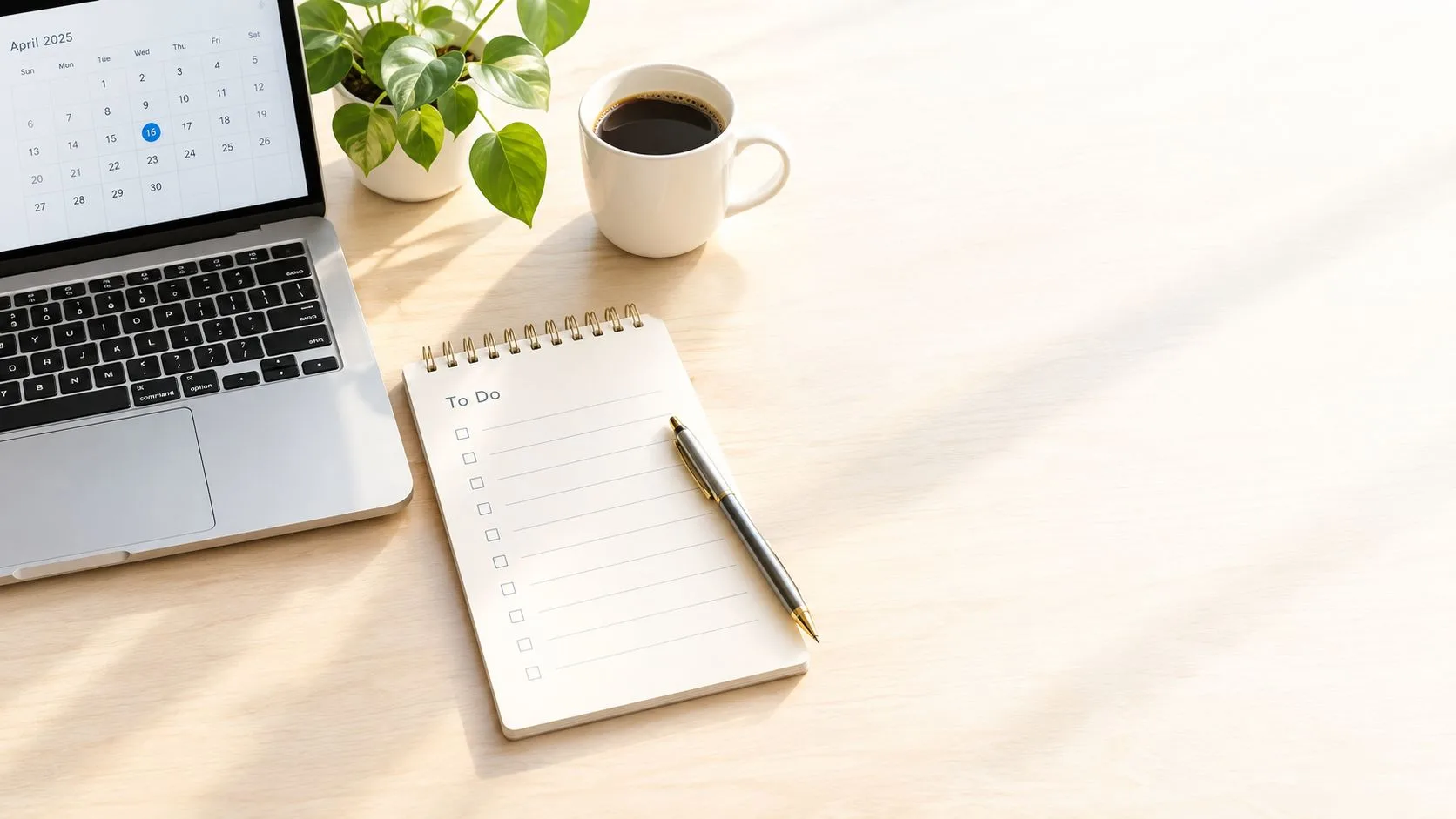 A modern workspace with a laptop, a coffee mug, a plant, and a to-do list notebook.