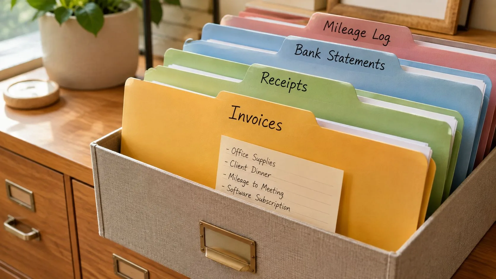 A tan desk organizer box holding colorful hanging file folders labeled for financial and tax organization.
