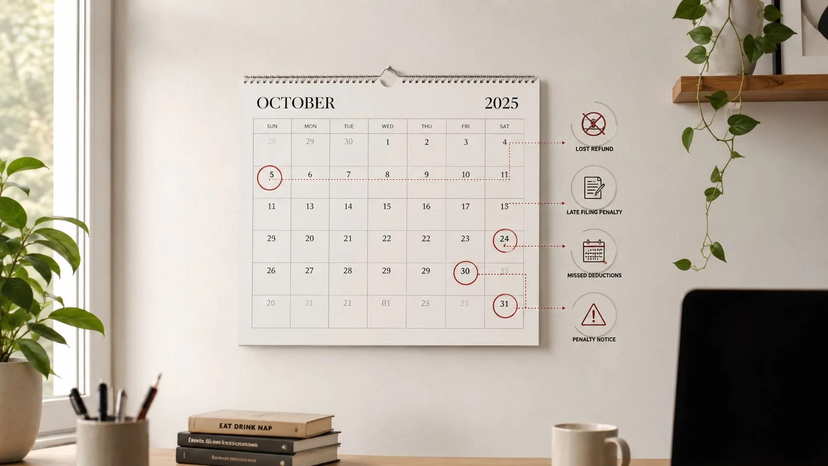 A 2025 October wall calendar showing tax deadline warnings with highlighted dates and penalty icons.