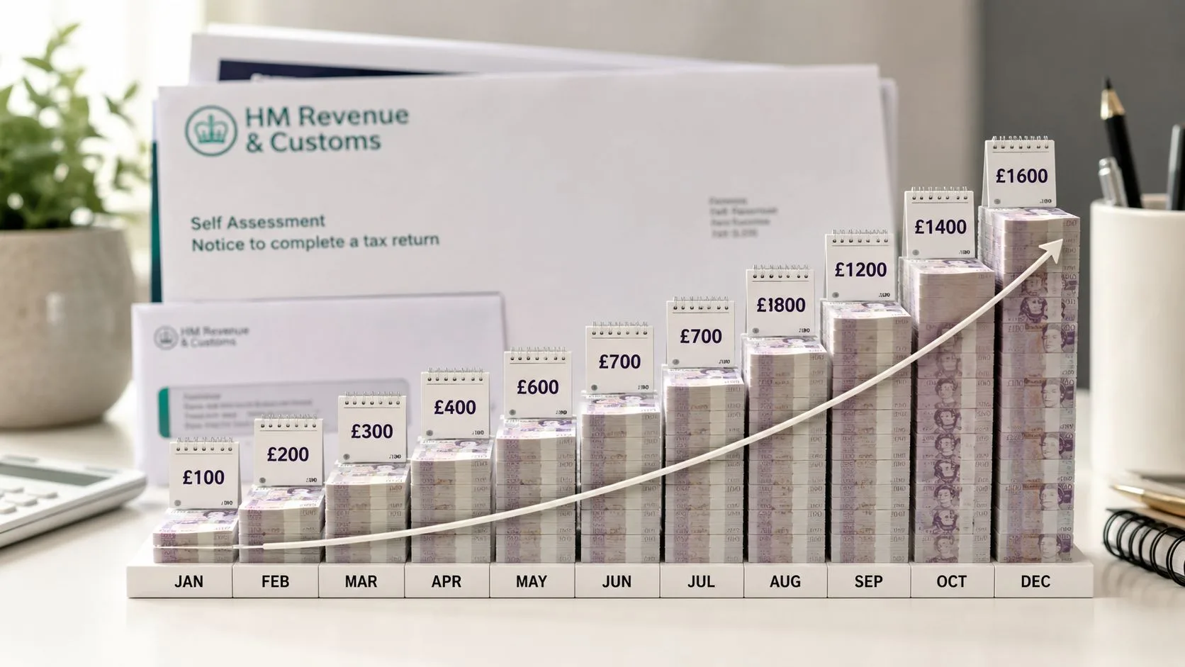 Stacks of UK pound notes forming a rising bar chart representing monthly tax return payments.