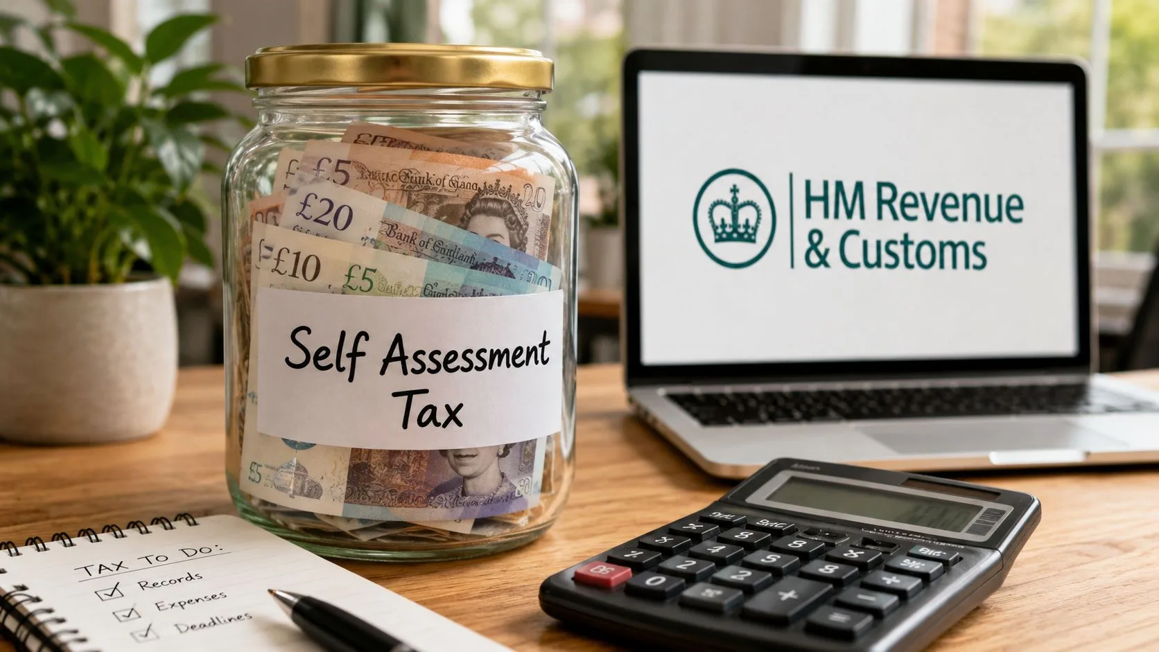 A glass jar filled with British banknotes labeled Self Assessment Tax next to a laptop and calculator.
