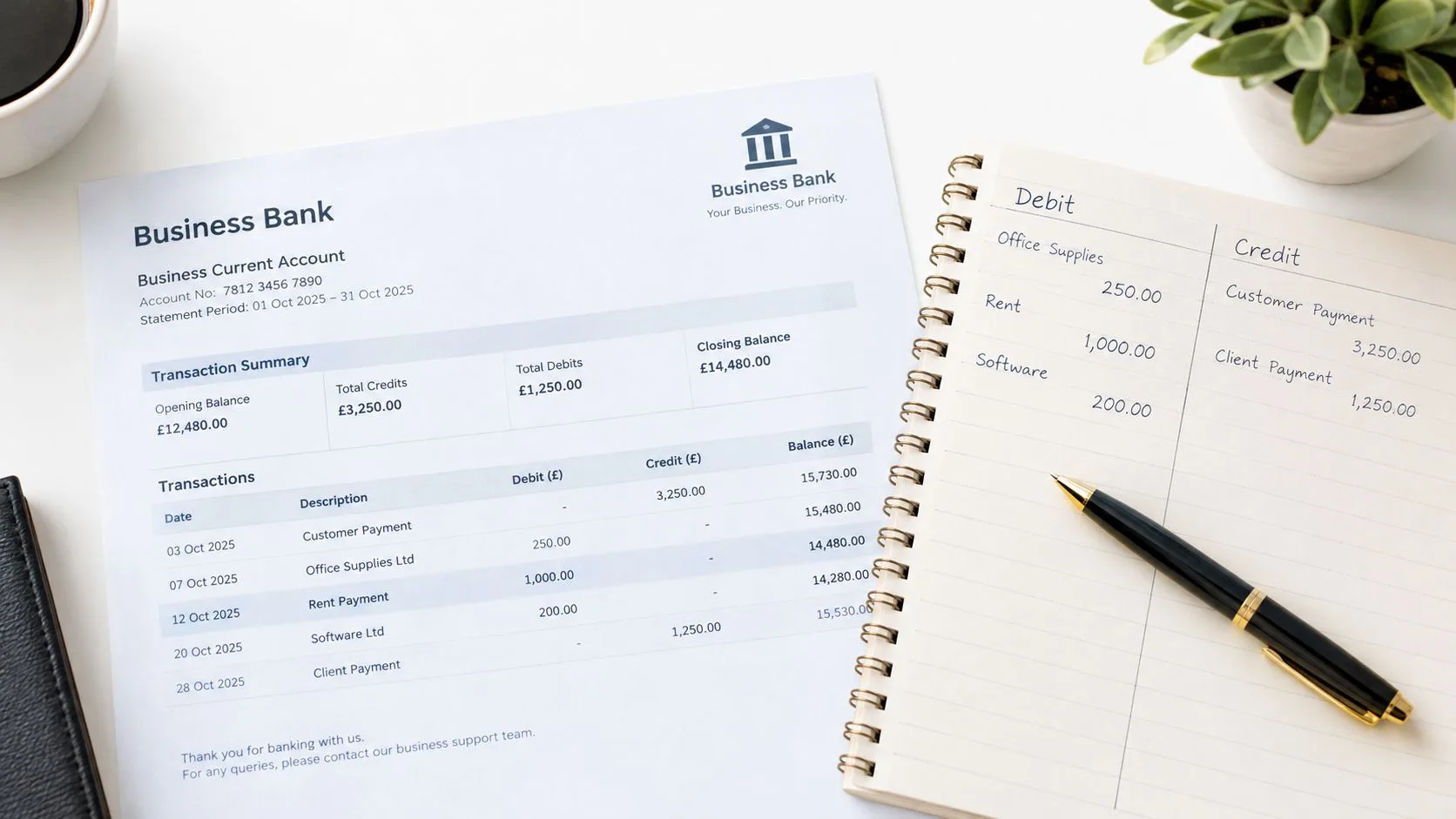 A business bank statement and a handwritten notebook on a desk with a pen and plant.