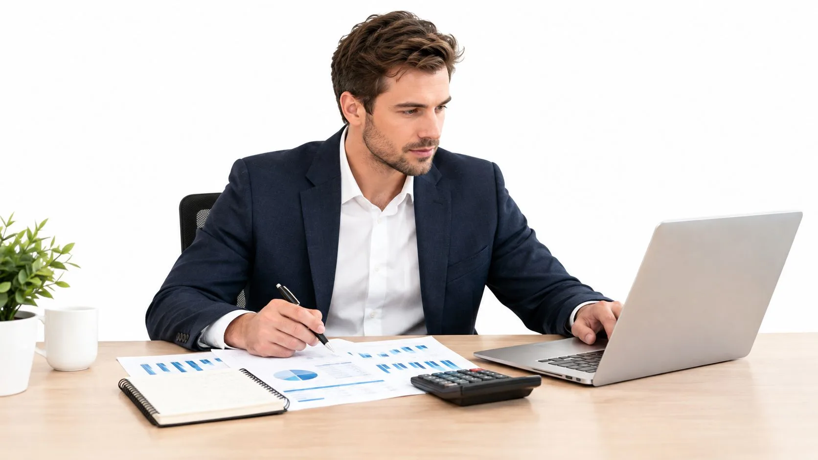 A professional man in a business suit working with charts, a calculator, and a laptop at his desk.