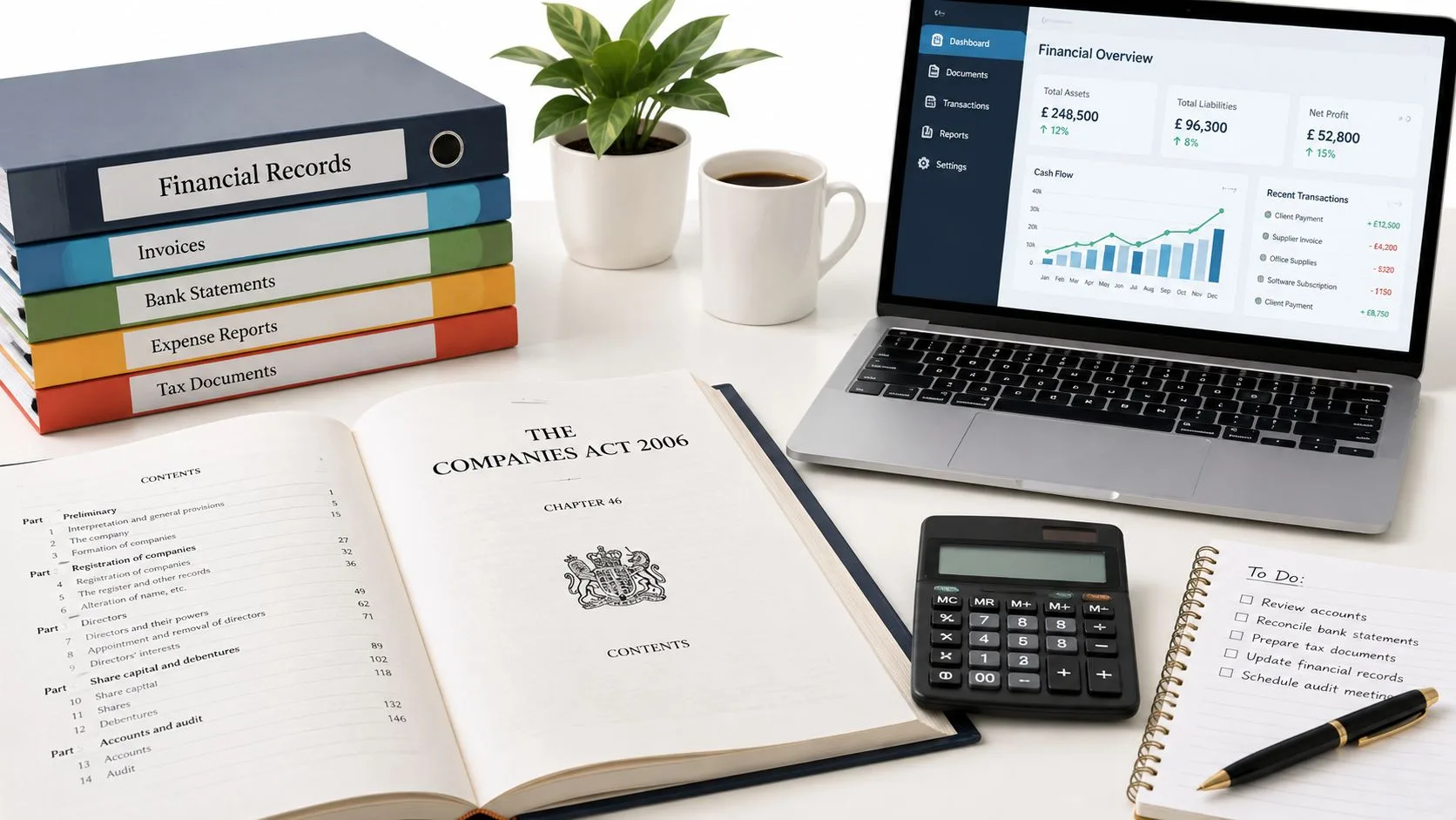 A professional financial workspace featuring legal books, accounting records, a laptop dashboard, and a calculator.