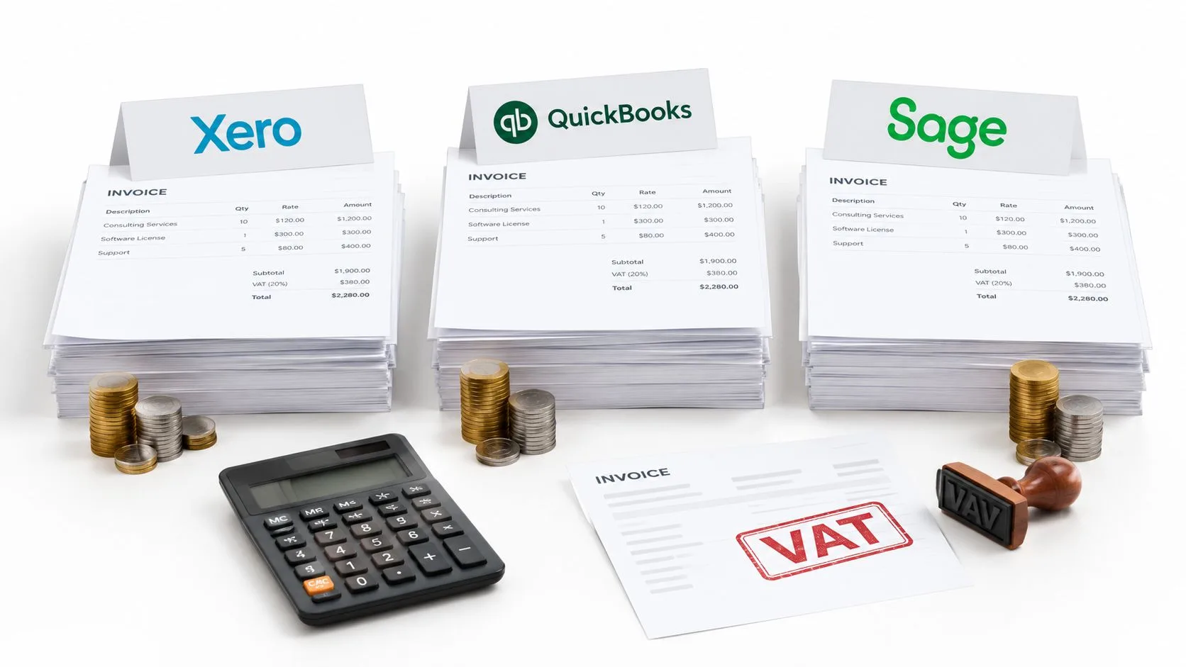 Three stacks of invoices from Xero, QuickBooks, and Sage displayed with a calculator and VAT stamp.