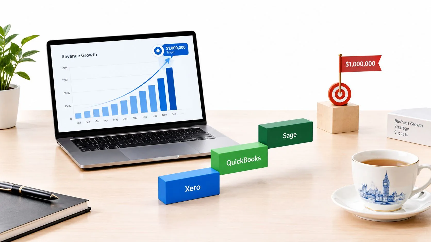 A laptop showing revenue growth, with blocks labeled Xero, QuickBooks, and Sage leading to a goal.